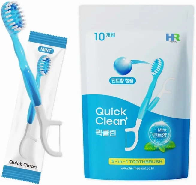 물없이 사용하는 일회용 미니칫솔 퀵클린 민트향 개별포장 치실 혀클리너 이쑤시개 분리형