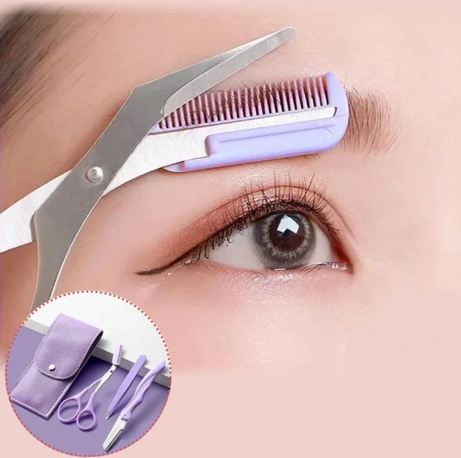 [핑크마카롱] 깔끔눈썹 정리 3종세트(숱가위+눈썹칼+트위저+가죽케이스)