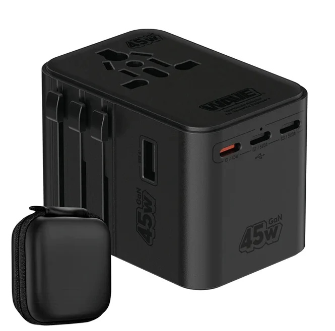 이어맥 2500W 드라이기 사용 가능 고출력 GaN 45W 초고속 충전 해외 여행용 멀티 플러그 어댑터 블랙