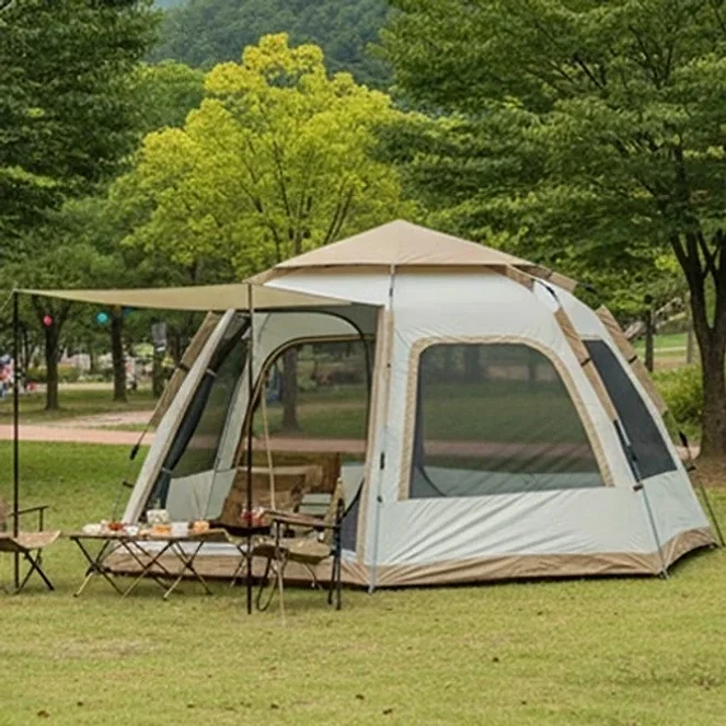 원터치 텐트 6각 대형 3-4인용 5-8인용 캠핑 자동 오토 접이식 방수 캐노피2 창문2