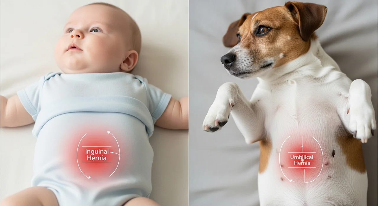 신생아와 강아지 탈장은 원인이 다른가요?