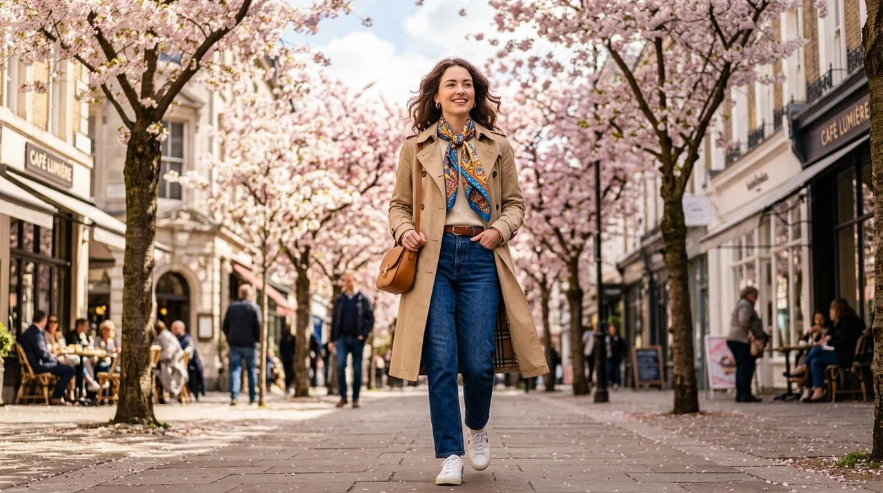 한다감 트렌치코트 봄 코디 비법, 스카프와 청바지로 완성하는 데일리룩