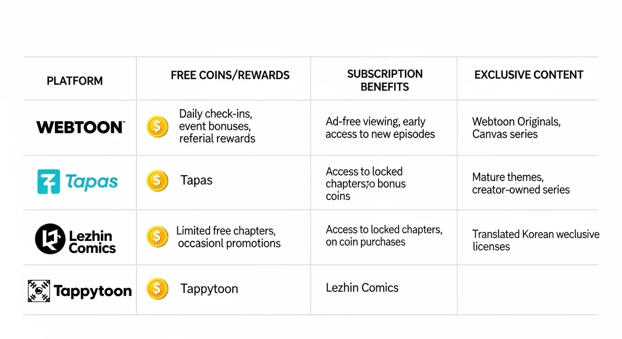 주요 웹툰 플랫폼별 혜택 및 특징 한눈에 보기
